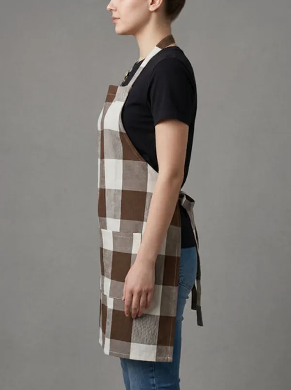 Premium_Cotton_Buffalo_Check_Kitchen_Apron_Brown_Off_White_Plaid_Adjustable_Neck_Strap_Front_Pocket