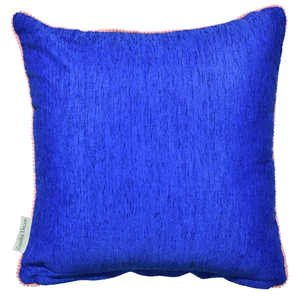 Navy_Velvet_Cushion_Cover_With_Pink_Pom_Pom_Trim_Soft_Polyester_Decorative_Pillow_Cover