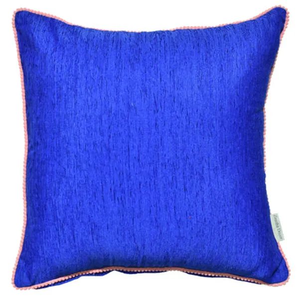 Navy_Velvet_Cushion_Cover_With_Pink_Pom_Pom_Trim_Soft_Polyester_Decorative_Pillow_Cover