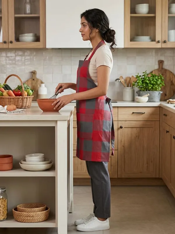 Unisex_Cotton_Kitchen_Apron_For_Men_Women_Free_Size_Adjustable_Neckline_With_Adjuster_Soft_Breathable_Fabric_Parted_Front_Pocket_Back_Straps_For_Adjustable_Fit_Red_Grey_Checkered_Apron
