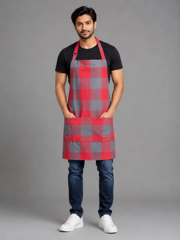 Unisex_Cotton_Kitchen_Apron_For_Men_Women_Free_Size_Adjustable_Neckline_With_Adjuster_Soft_Breathable_Fabric_Parted_Front_Pocket_Back_Straps_For_Adjustable_Fit_Red_Grey_Checkered_Apron