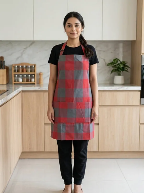 Unisex_Cotton_Kitchen_Apron_For_Men_Women_Free_Size_Adjustable_Neckline_With_Adjuster_Soft_Breathable_Fabric_Parted_Front_Pocket_Back_Straps_For_Adjustable_Fit_Red_Grey_Checkered_Apron