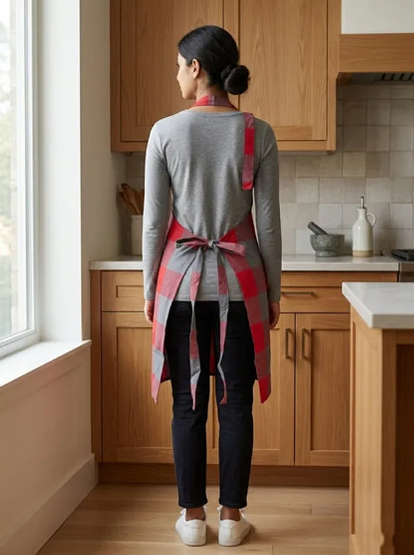 Unisex_Cotton_Kitchen_Apron_For_Men_Women_Free_Size_Adjustable_Neckline_With_Adjuster_Soft_Breathable_Fabric_Parted_Front_Pocket_Back_Straps_For_Adjustable_Fit_Red_Grey_Checkered_Apron