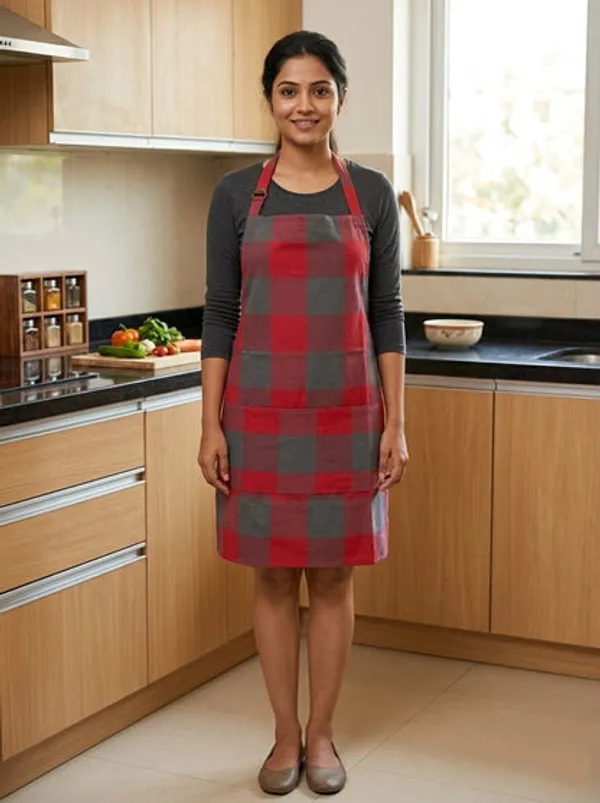 Unisex_Cotton_Kitchen_Apron_For_Men_Women_Free_Size_Adjustable_Neckline_With_Adjuster_Soft_Breathable_Fabric_Parted_Front_Pocket_Back_Straps_For_Adjustable_Fit_Red_Grey_Checkered_Apron