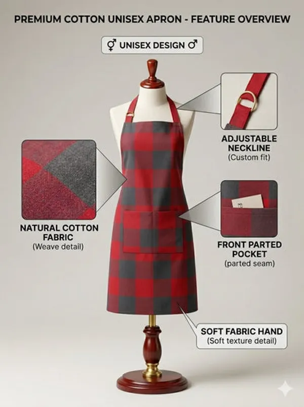 Unisex_Cotton_Kitchen_Apron_For_Men_Women_Free_Size_Adjustable_Neckline_With_Adjuster_Soft_Breathable_Fabric_Parted_Front_Pocket_Back_Straps_For_Adjustable_Fit_Red_Grey_Checkered_Apron