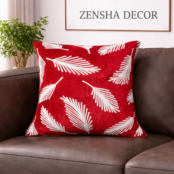 White_Leaf_Embroidery_Festive_Red_Cotton_Cushion_Cover_Set