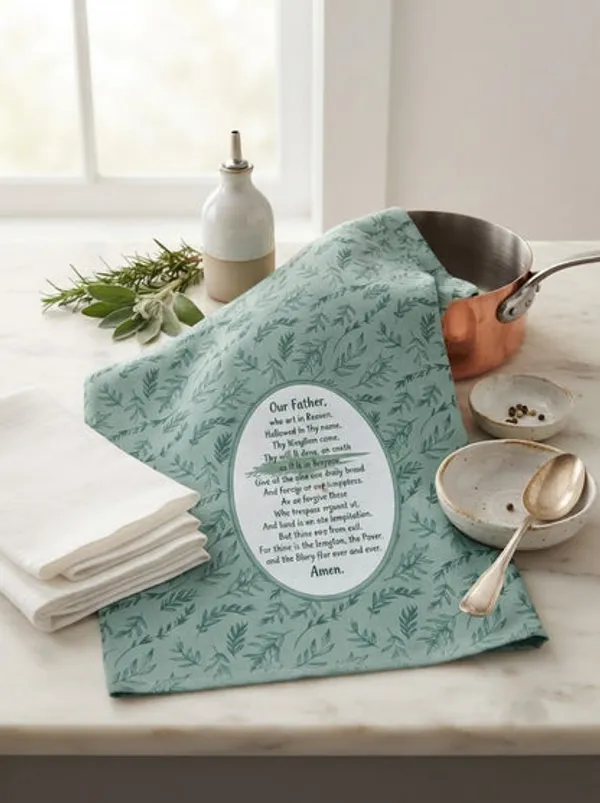 Cotton_Kitchen_Towels_Set_Of_5_Green_Botanical_Leaf_Print_Our_Father_Prayer_Design_Decorative_Tea_Towels_For_Kitchen