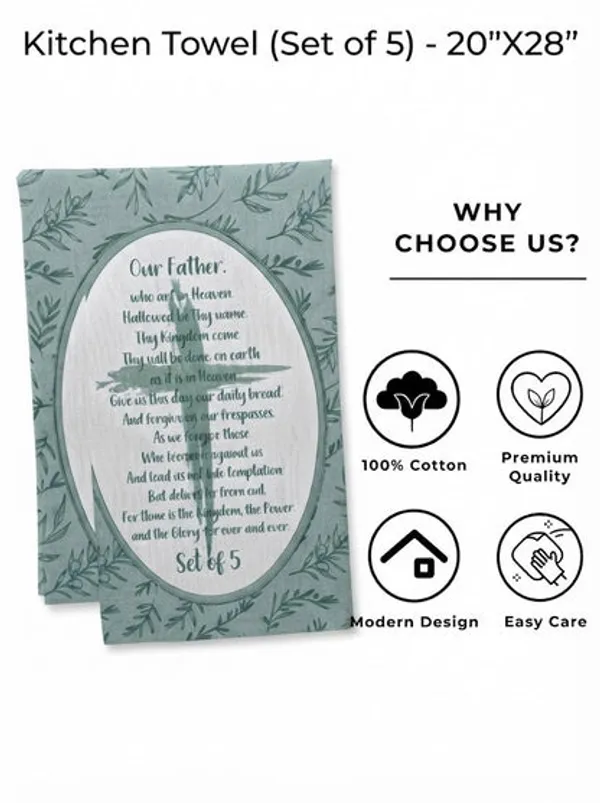 Cotton_Kitchen_Towels_Set_Of_5_Green_Botanical_Leaf_Print_Our_Father_Prayer_Design_Decorative_Tea_Towels_For_Kitchen