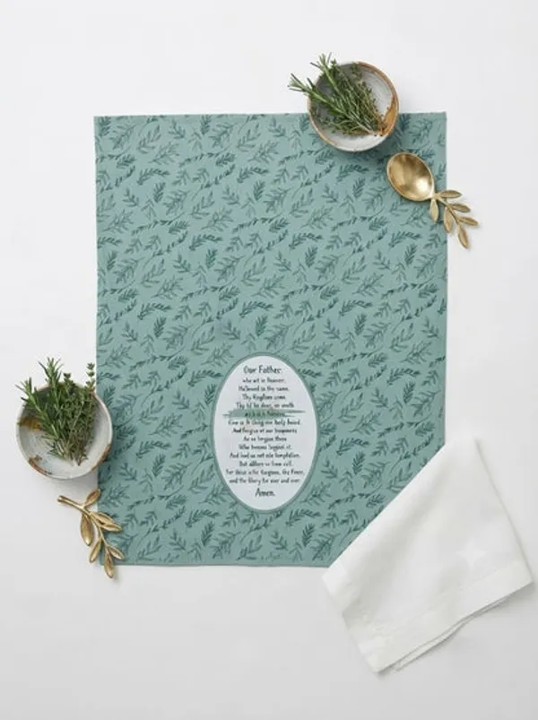 Cotton_Kitchen_Towels_Set_Of_5_Green_Botanical_Leaf_Print_Our_Father_Prayer_Design_Decorative_Tea_Towels_For_Kitchen