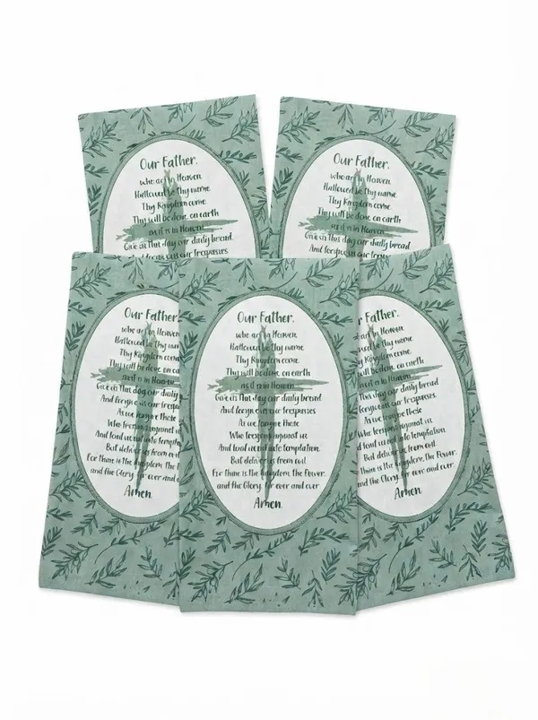 Cotton_Kitchen_Towels_Set_Of_5_Green_Botanical_Leaf_Print_Our_Father_Prayer_Design_Decorative_Tea_Towels_For_Kitchen