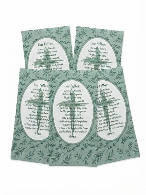 Cotton_Kitchen_Towels_Set_Of_5_Green_Botanical_Leaf_Print_Our_Father_Prayer_Design_Decorative_Tea_Towels_For_Kitchen