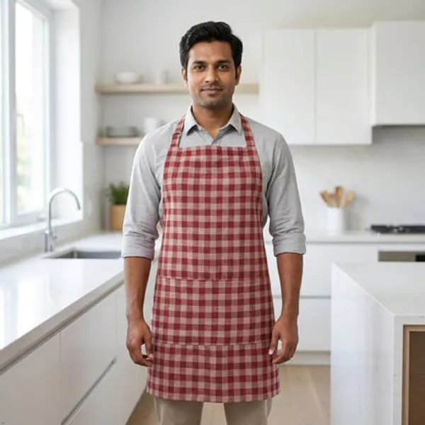 Premium_Checked_Cotton_Kitchen_Apron_With_Front_Pocket_Unisex_Cooking_Baking_Apron
