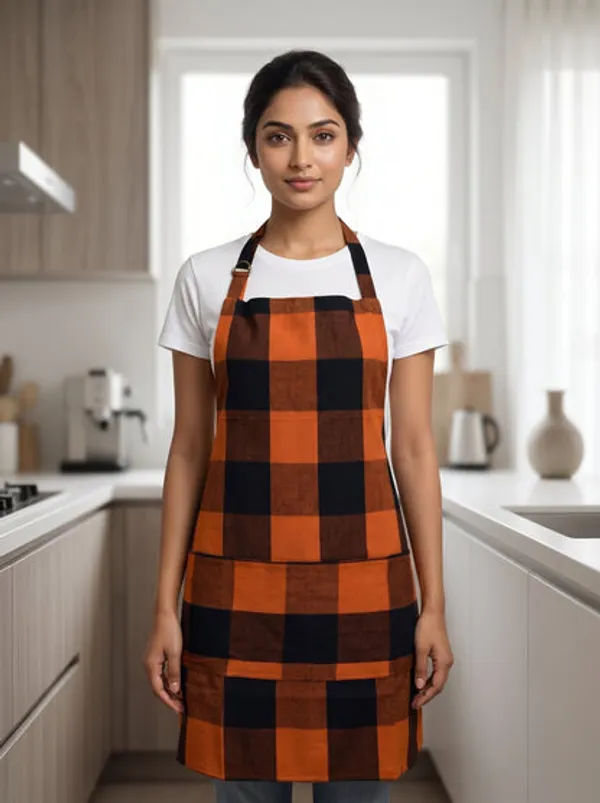Premium_Cotton_Buffalo_Check_Kitchen_Apron_Orange_Black_Plaid_Cooking_Apron_With_Front_Pocket