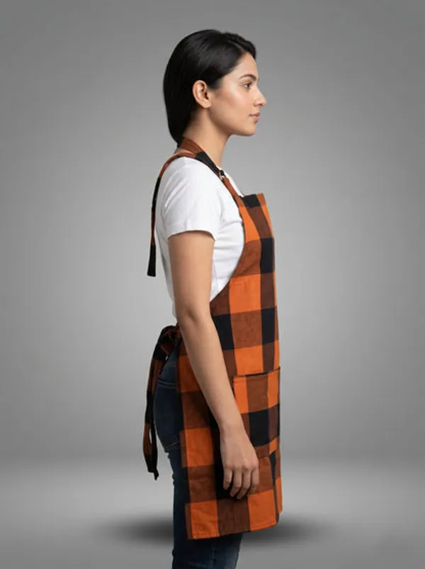 Premium_Cotton_Buffalo_Check_Kitchen_Apron_Orange_Black_Plaid_Cooking_Apron_With_Front_Pocket