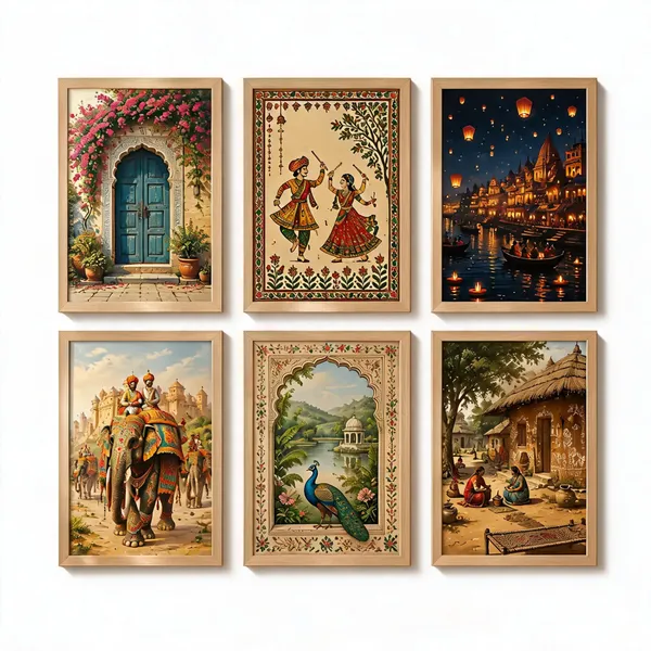 Wood-Toned_Traditional_Art_Set_Of_6_Framed_Wall_Paintings