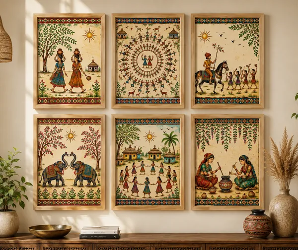 Wooden_Indian_Folk_Art_Set_Of_6_Framed_Wall_Decor