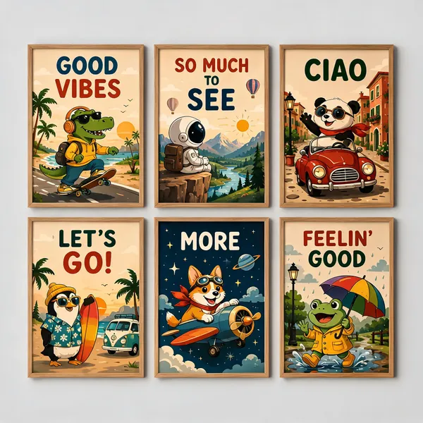 Wood_Framed_Travel_Cartoon_Print_Set