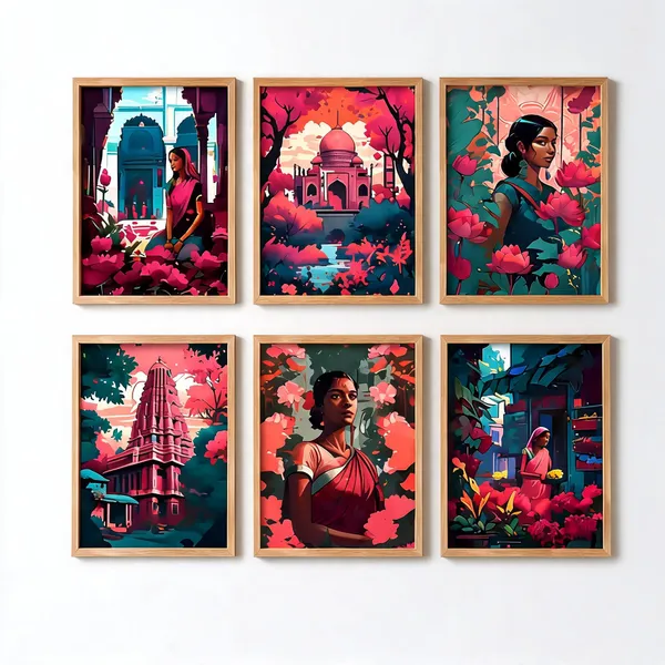 Wooden_Indian_Art_Set_Of_6_Framed_Wall_Paintings