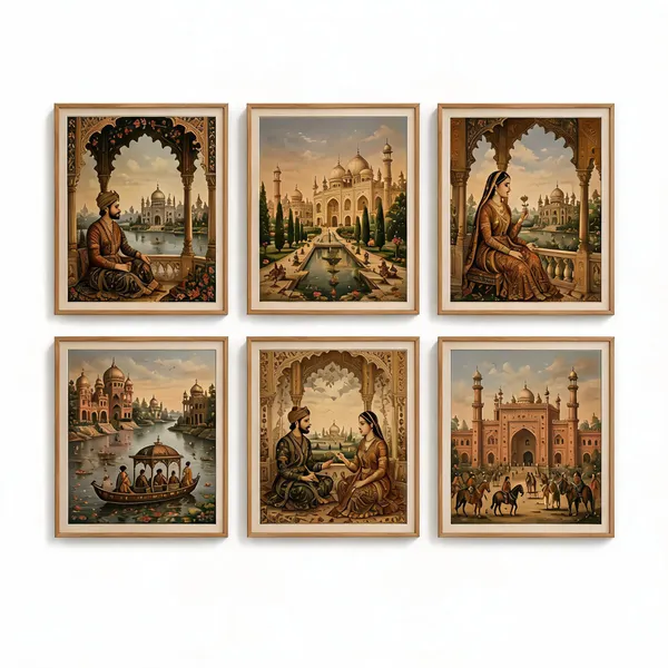 Wood-Finish_Mughal_Art_Set_Of_6_Framed_Wall_Decor
