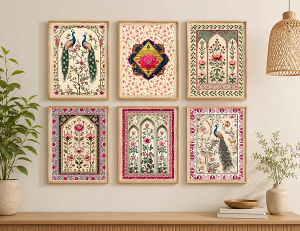Wooden_Traditional_Floral_And_Peacock_Print_Wall_Art_Set