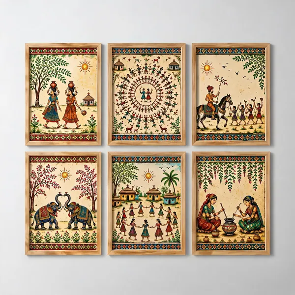 Wooden_Indian_Folk_Art_Set_Of_6_Framed_Wall_Decor
