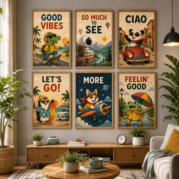 Wood_Framed_Travel_Cartoon_Print_Set