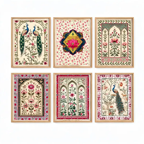Wooden_Traditional_Floral_And_Peacock_Print_Wall_Art_Set