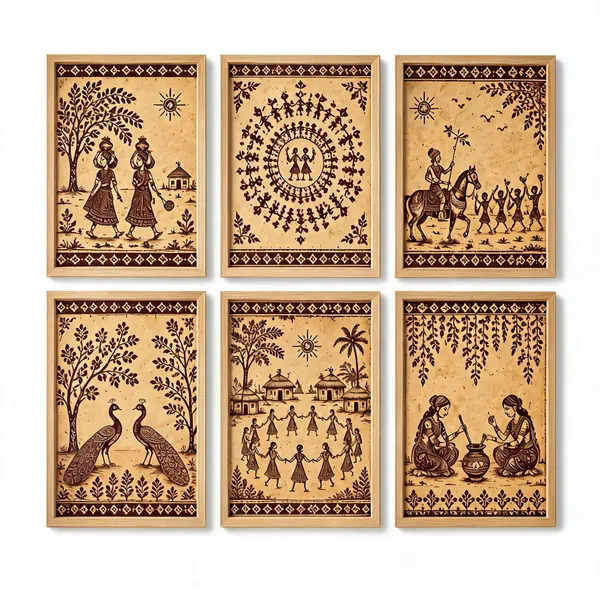 Wooden_Traditional_Folk_Art_Set_Of_6_Framed_Wall_Paintings
