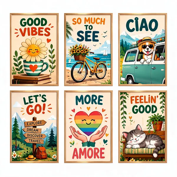 Wooden_Framed_Colorful_Illustrated_Six-Piece_Wall_Art_Set