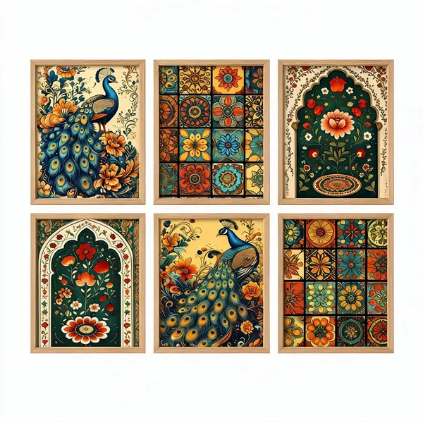 Wooden_Frame_Traditional_Peacock_Floral_Wall_Art_Set