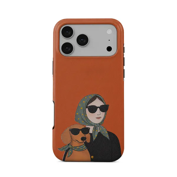 Orange_Printed_Phone_Case_With_Woman_And_Dog_Design