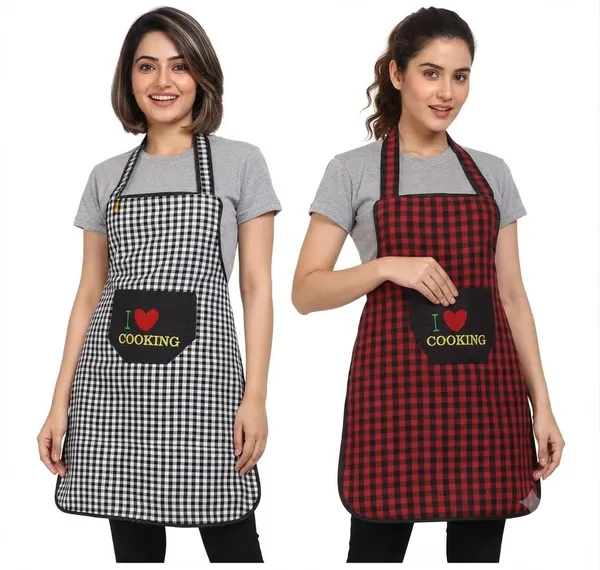 Waterproof_Unisex_Kitchen_Checkered_Design_Apron_With_Front_Centre_Pocket_With_Adjustable_Neck_Strap_Reusable_Protective_Apron_Pack_Of_2_Black_Red