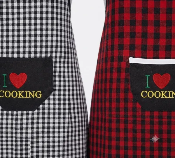 Waterproof_Unisex_Kitchen_Checkered_Design_Apron_With_Front_Centre_Pocket_With_Adjustable_Neck_Strap_Reusable_Protective_Apron_Pack_Of_2_Black_Red