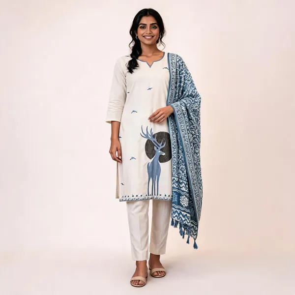 White_Khadi_Cotton_Printed_Straight_Kurta_Set_For_Women
