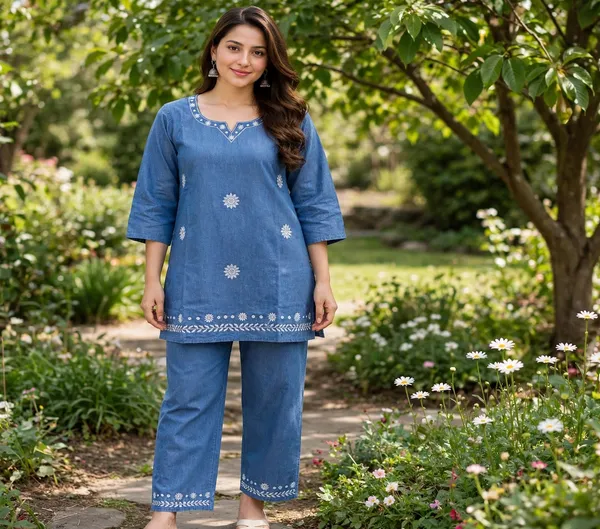 Blue_Denim_Embroidered_Straight_Kurta_Set_For_Women