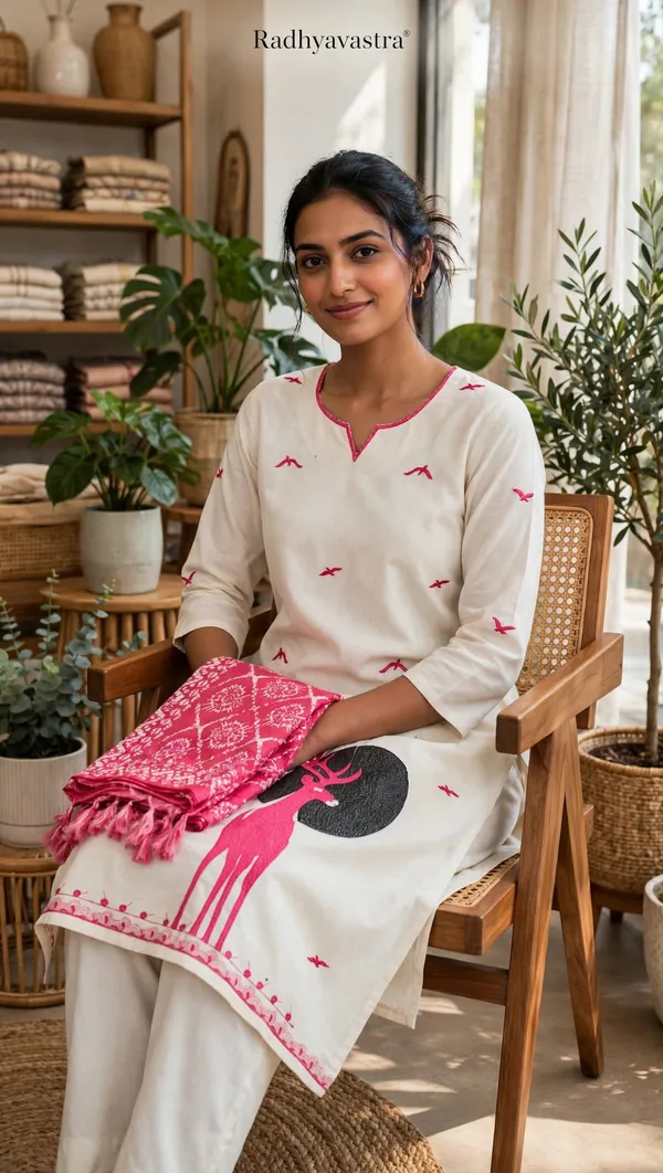 Cream_Khadi_Cotton_Printed_Straight_Kurta_Set_For_Women