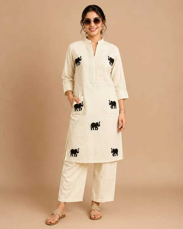 Ivory_Khadi_Cotton_Printed_Straight_Kurta_Pant_Set_For_Women