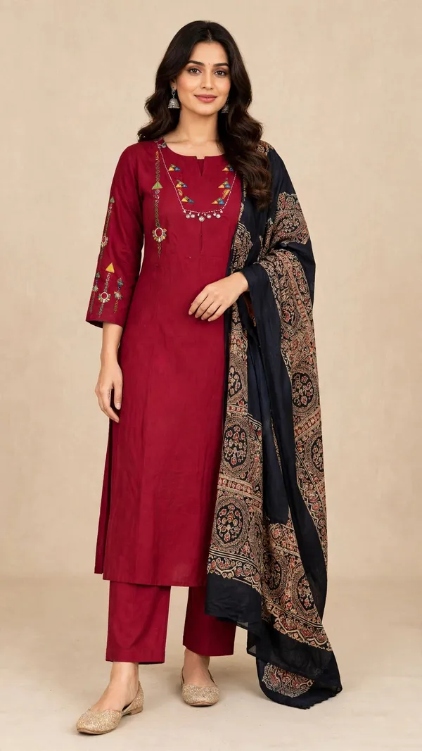 Maroon_Cotton_Straight_Kurta_Set_With_Dupatta_For_Women