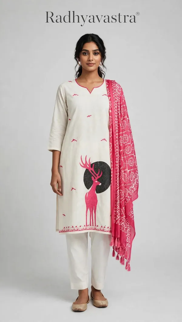 Cream_Khadi_Cotton_Printed_Straight_Kurta_Set_For_Women