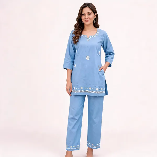 Blue_Denim_Embroidered_Straight_Kurta_Pant_Set_For_Women