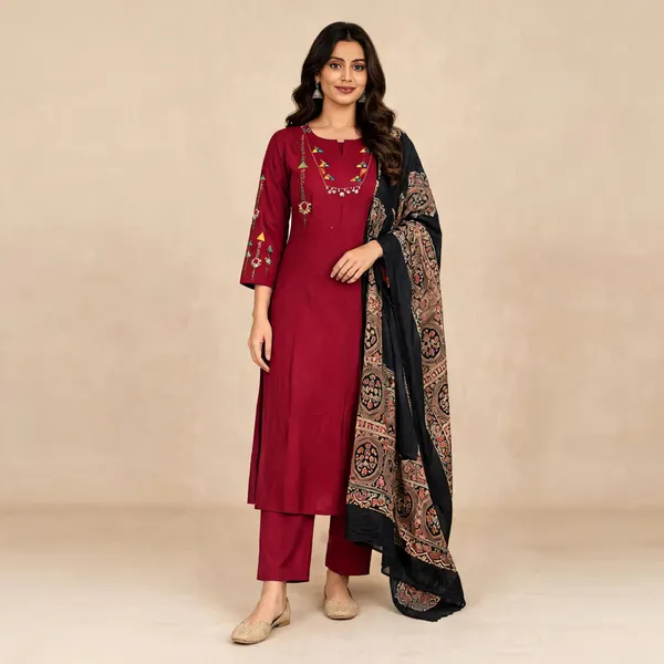 Maroon_Cotton_Straight_Kurta_Set_With_Dupatta_For_Women