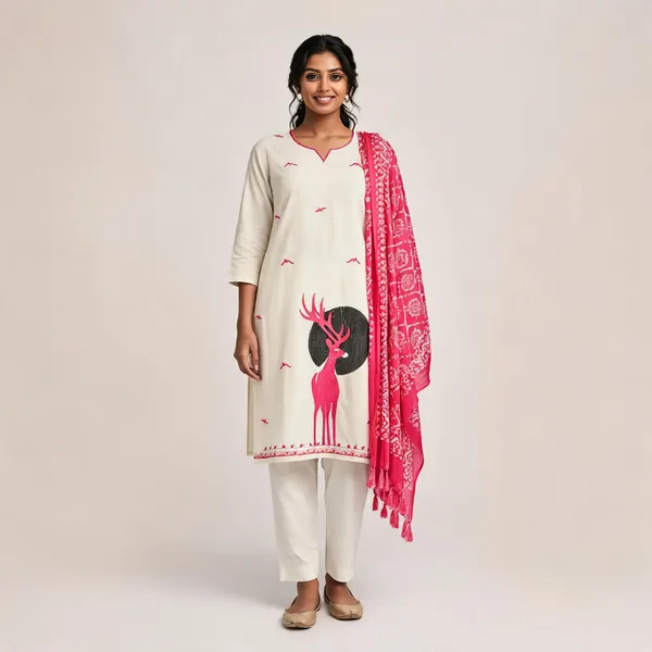 Cream_Khadi_Cotton_Printed_Straight_Kurta_Set_For_Women