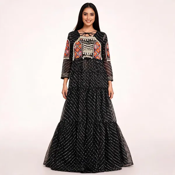 Black_Georgette_Printed_Flared_Dress_For_Women