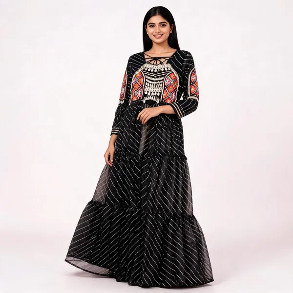 Black_Georgette_Printed_Flared_Dress_For_Women