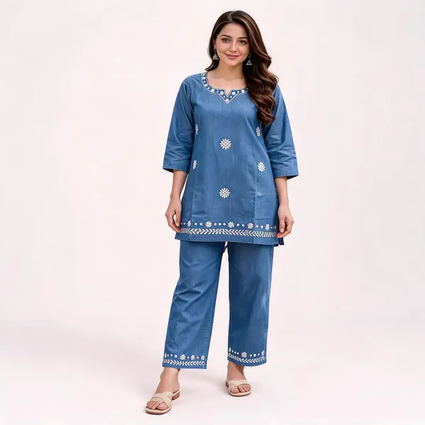 Blue_Denim_Embroidered_Straight_Kurta_Set_For_Women