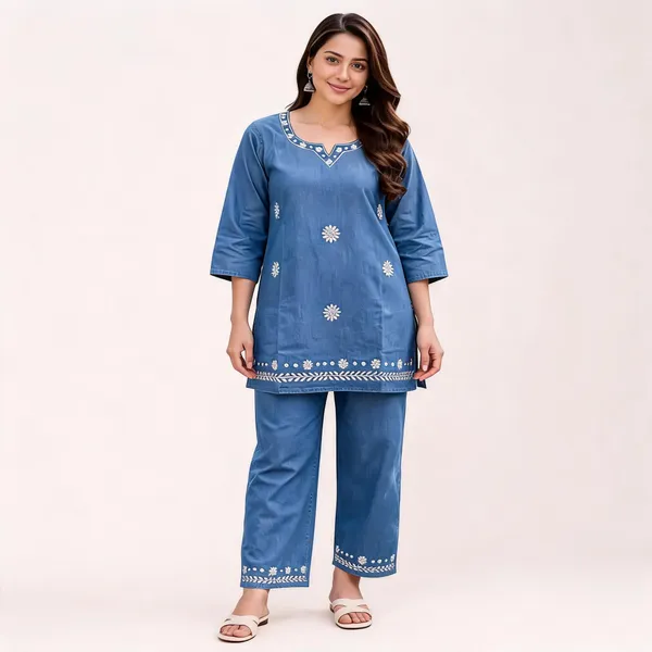 Blue_Denim_Embroidered_Straight_Kurta_Set_For_Women