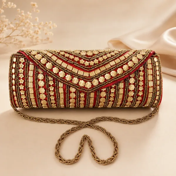 Red_Jute-Cotton_Floral_Beaded_Envelope_Clutch_For_Women