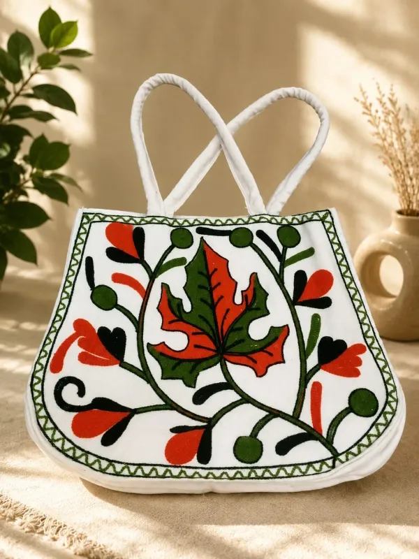 White_And_Green_Jute-Cotton_Leaf_&_Vine_Handcrafted_Handbag_For_Women