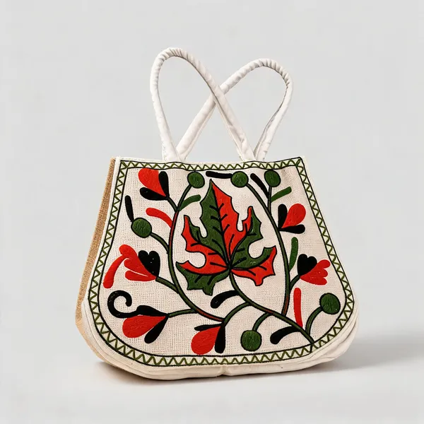 White_And_Green_Jute-Cotton_Leaf_&_Vine_Handcrafted_Handbag_For_Women