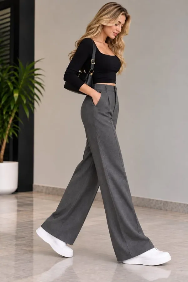 Gray_Woven_Wide_Leg_Trousers_For_Women